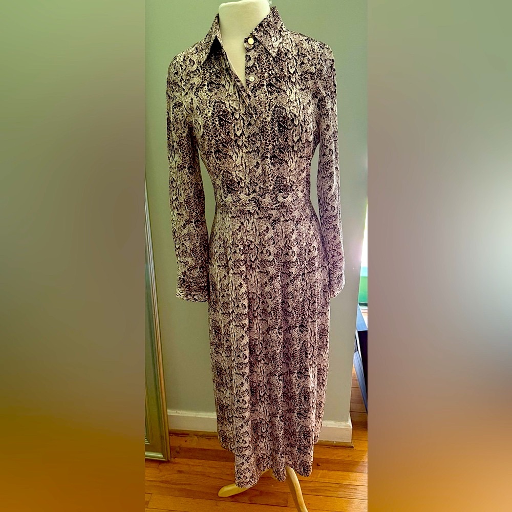 Marie Oliver Brown and Cream Pleated long Sleeve Dress